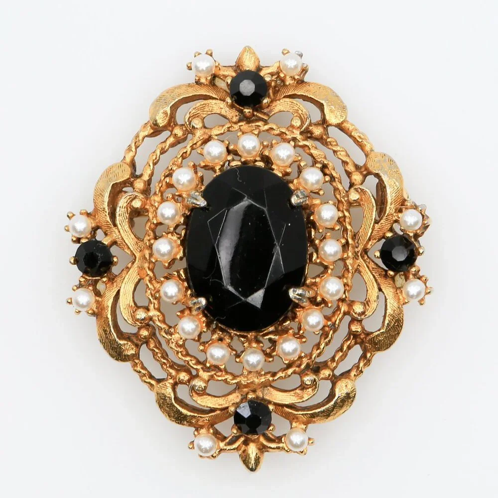 Vintage Florenza Victorian Gothic Revival Black Stone Faux Pearl Brooch 1960s